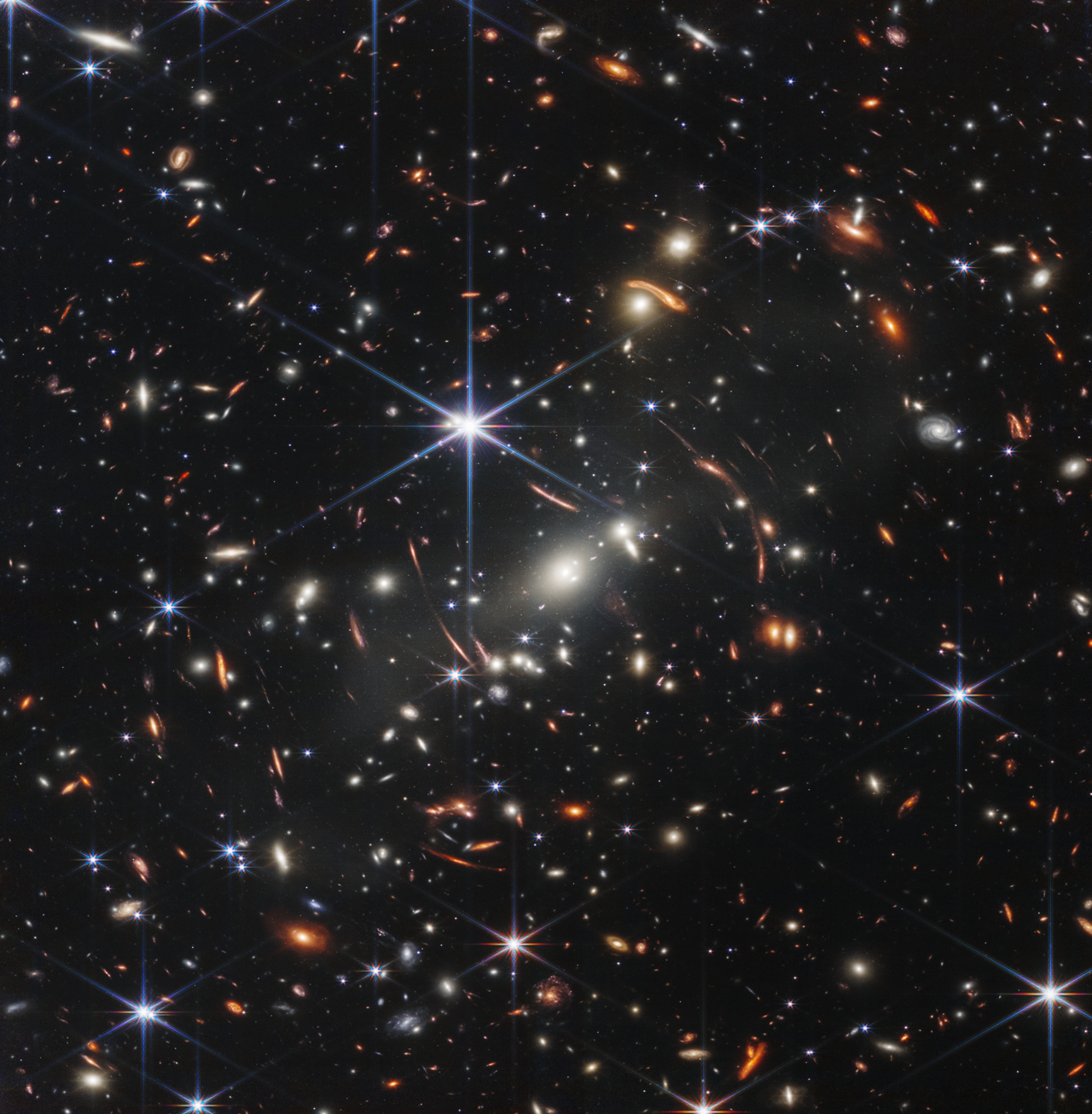 Thousands of distant galaxies and bright foreground stars in Webb's First Deep Field, showing the galaxy cluster SMACS 0723.